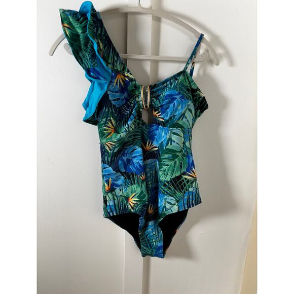 Tropical One-Shoulder Cutout Swimsuit – Palm Leaf Print with Ruffle Strap M - Picture 2 of 13